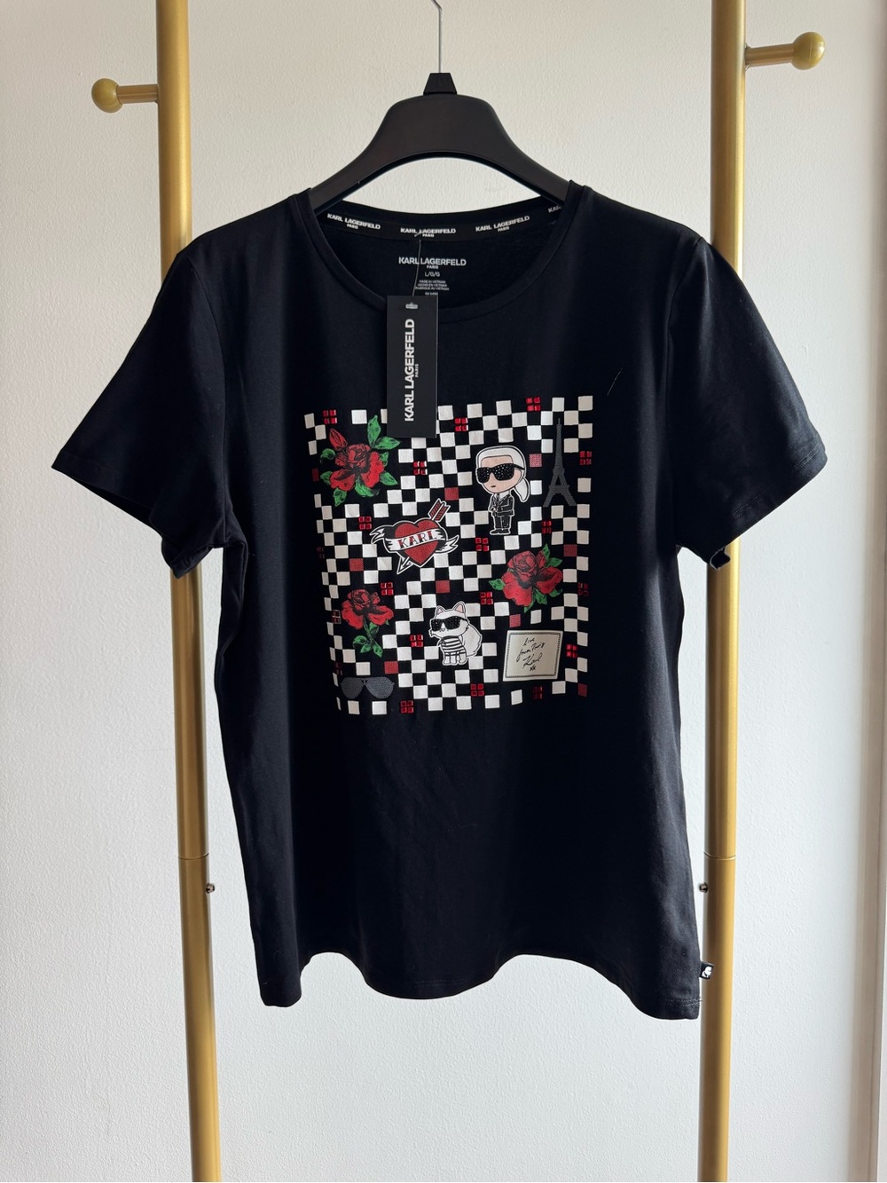 Karl Lagerfeld Black Graphic Tee with Red Rose & Checkered Print